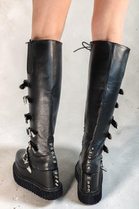 Ryanne Black Lace-Up Buckle Platform Boots