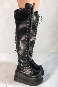 Zeta Black Knee-High Lace-Up Platform Boots