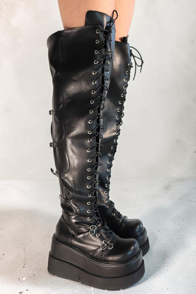 Zeta Black Knee-High Lace-Up Platform Boots