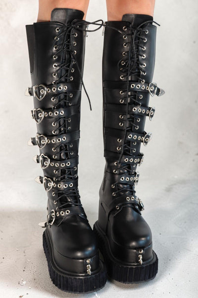 Ryanne Black Lace-Up Buckle Platform Boots