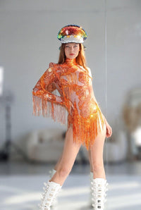 Alea Rhinestone Tassel Bodysuit Iconic Outfitters One size Orange 