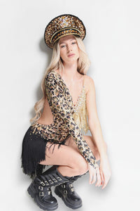 Alerie Leopard Crystal Fringe Bodysuit