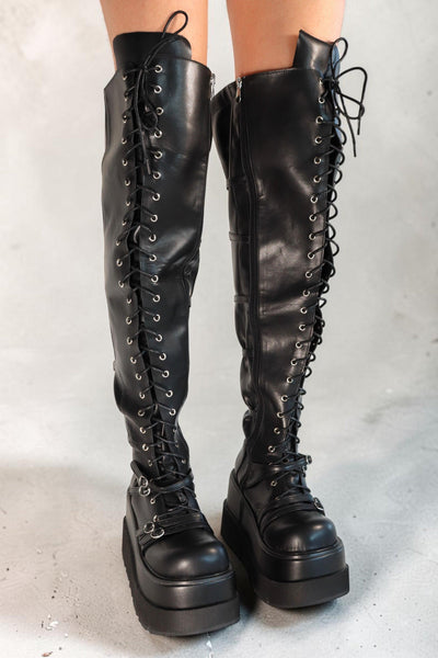 Zeta Black Knee-High Lace-Up Platform Boots