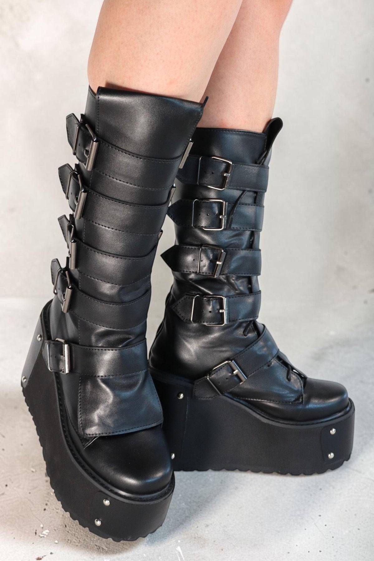 Taria Black Buckle Platform Festival Boots