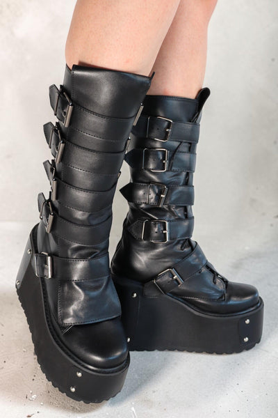 Taria Black Buckle Platform Festival Boots