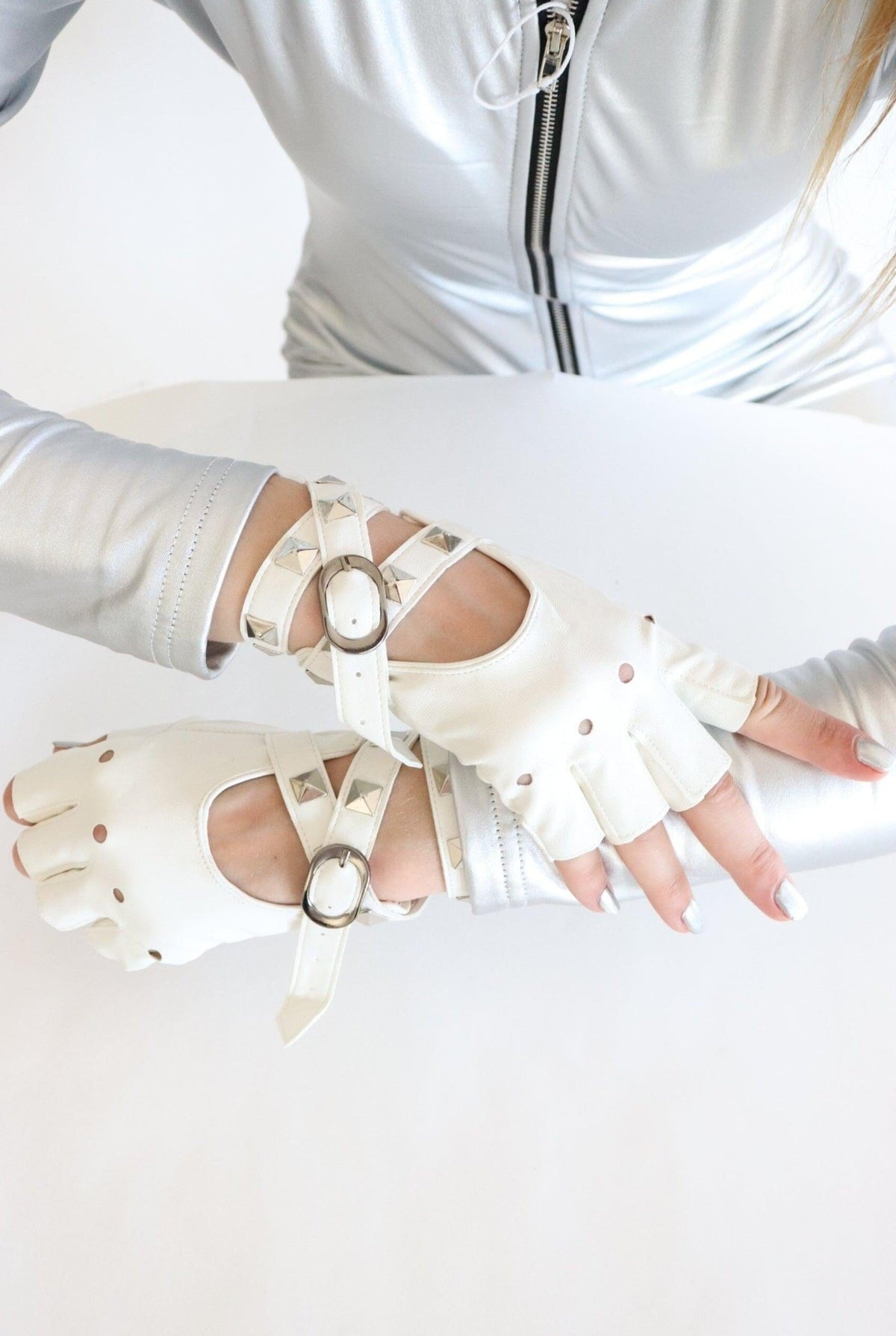 Devi White Studded Buckle Cutout Fingerless Gloves Iconic Outfitters 