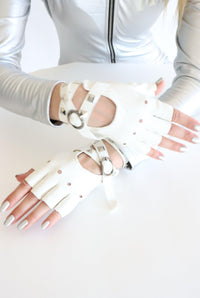 Devi White Studded Buckle Cutout Fingerless Gloves Iconic Outfitters 