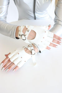 Devi White Studded Buckle Cutout Fingerless Gloves Iconic Outfitters 