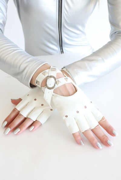 Devi White Studded Buckle Cutout Fingerless Gloves Iconic Outfitters 