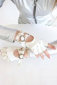 Devi White Studded Buckle Cutout Fingerless Gloves Iconic Outfitters 