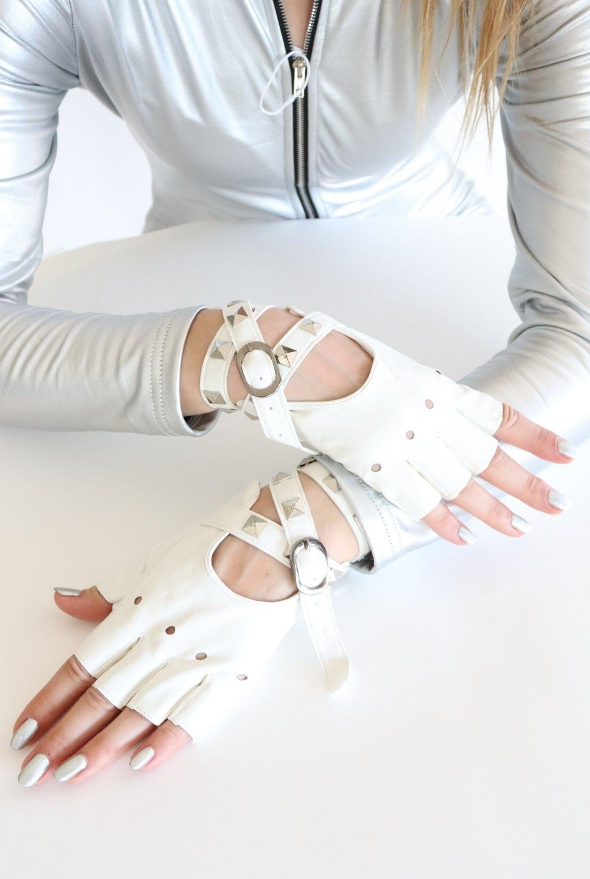 Devi White Studded Buckle Cutout Fingerless Gloves Iconic Outfitters 