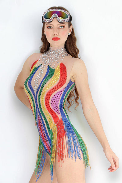 Elexa Rhinestone Tassel Bodysuit Iconic Outfitters 