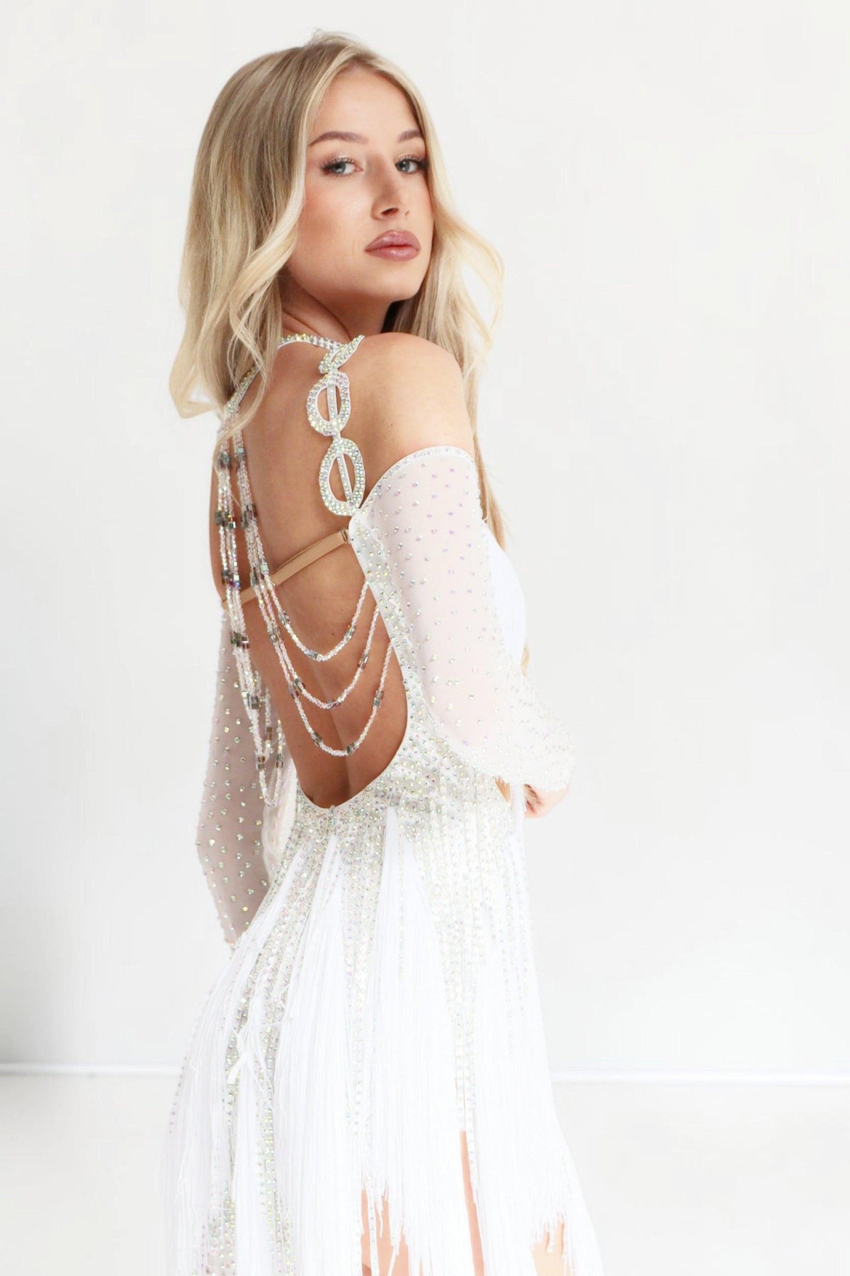 Virelle White Crystal Fringe Bodysuit
