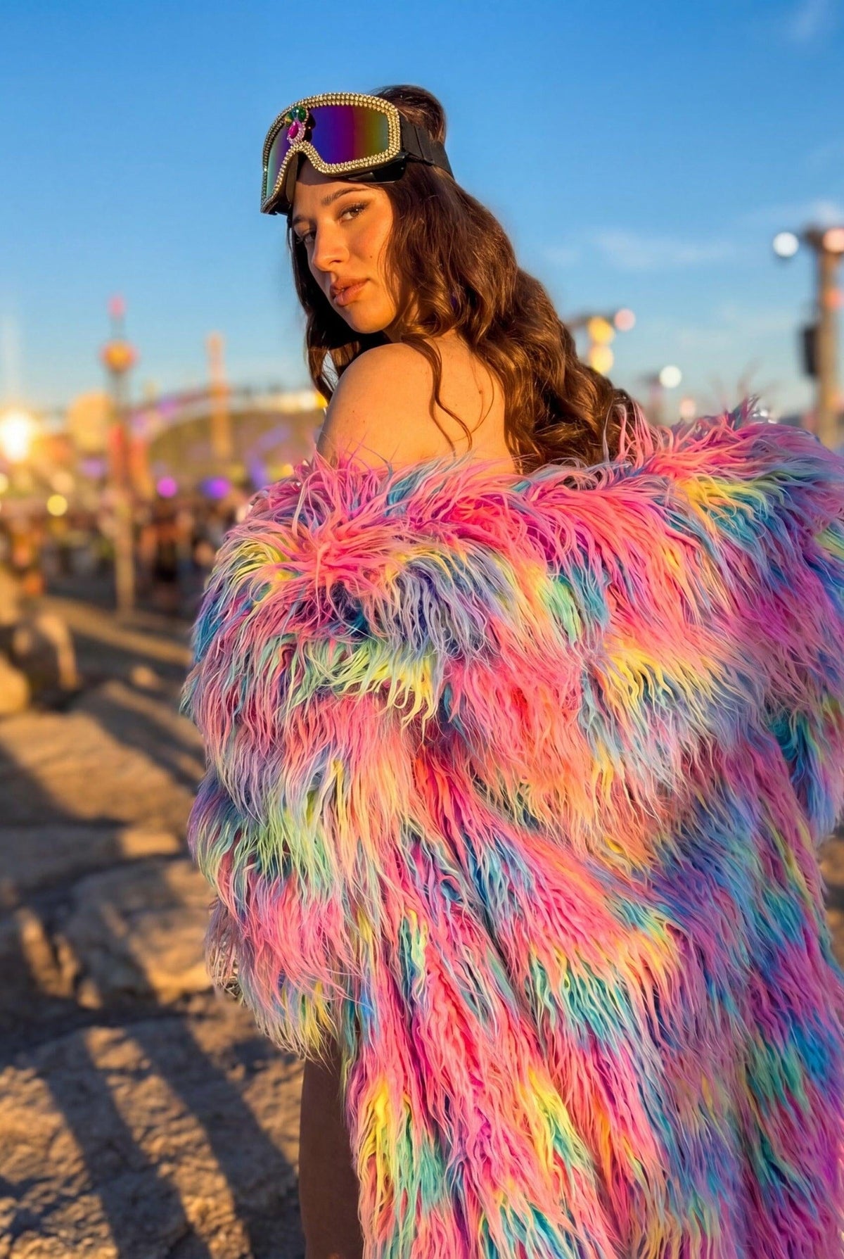 Hoshi Rainbow Shaggy Faux Fur Festival Coat Faux Fur Iconic Outfitters 