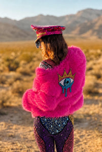 Kala Hot Pink Faux Fur Festival Jacket Faux Fur Iconic Outfitters S With Sequin Patch (+$30) 