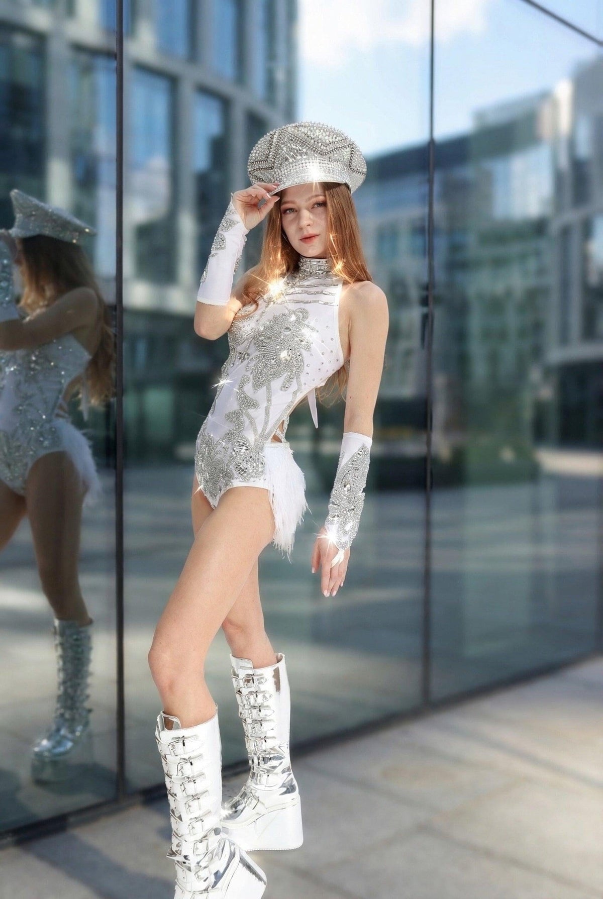 Oriana Rhinestone Feather Bodysuit Iconic Outfitters 