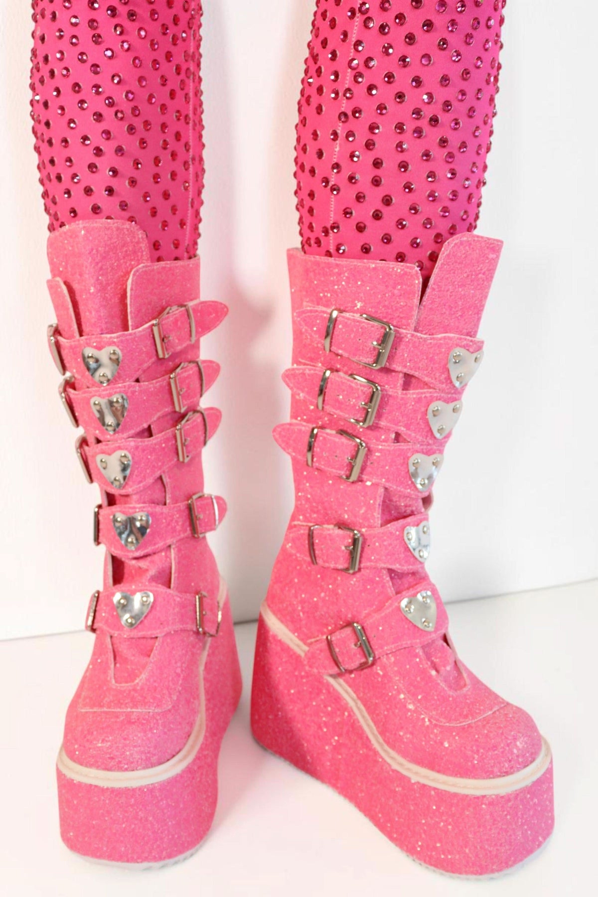 Pink Glitter Heart Platform Boots Boots Iconic Outfitters 