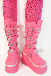 Pink Glitter Heart Platform Boots Boots Iconic Outfitters 
