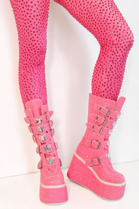 Pink Glitter Heart Platform Boots Boots Iconic Outfitters 