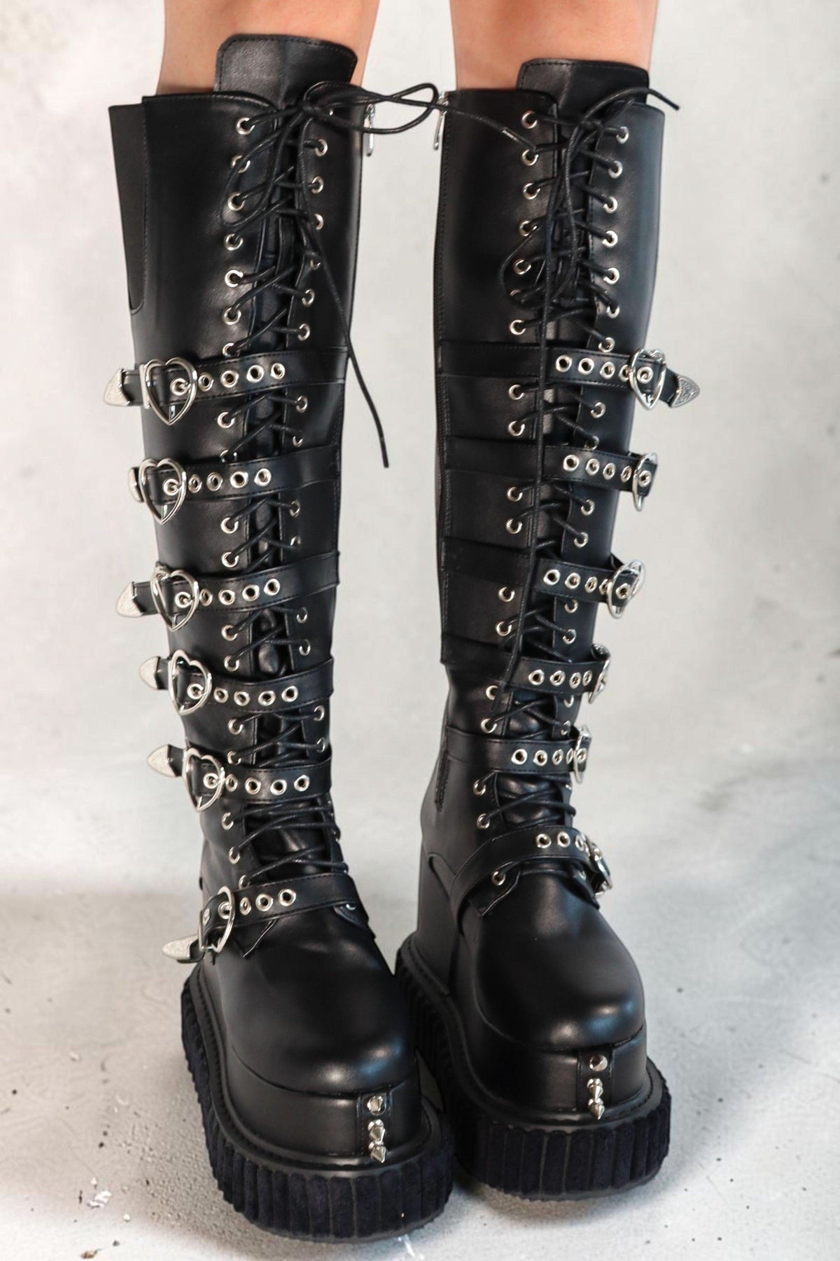 Ryanne Black Lace-Up Buckle Platform Boots Boots Iconic Outfitters 