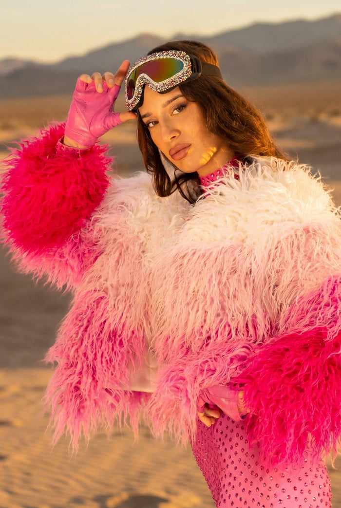 Sheila Pink & White Fluffy Faux Fur Festival Jacket Faux Fur Iconic Outfitters 