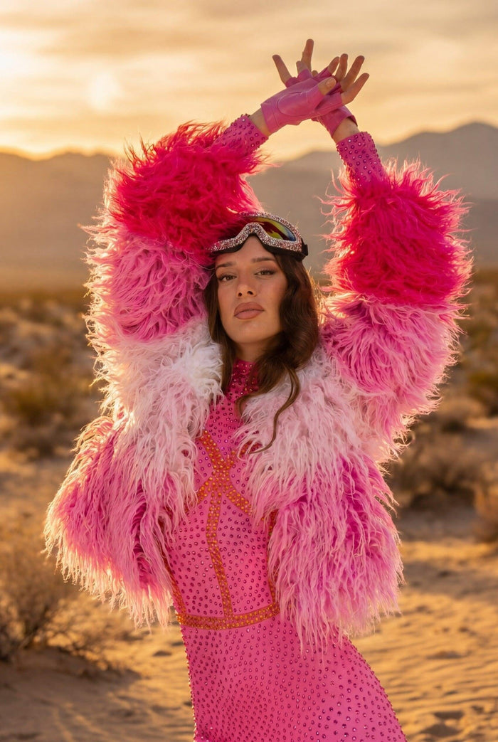 Sheila Pink & White Fluffy Faux Fur Festival Jacket Faux Fur Iconic Outfitters 