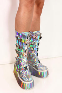 Talia Holographic X-Buckle Platform Festival Boots Boots Iconic Outfitters 