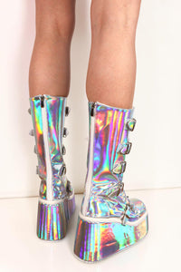 Talia Holographic X-Buckle Platform Festival Boots Boots Iconic Outfitters 