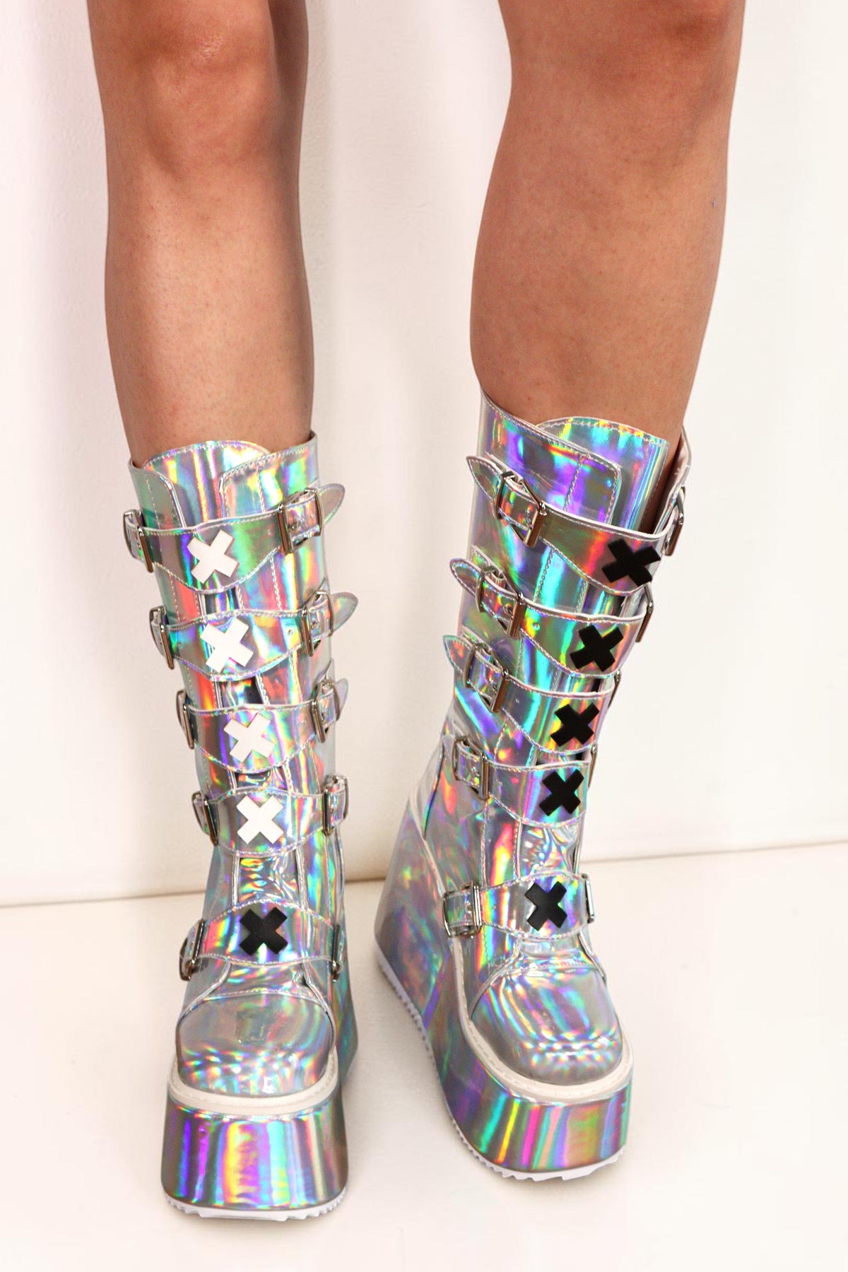 Talia Holographic X-Buckle Platform Festival Boots Boots Iconic Outfitters 