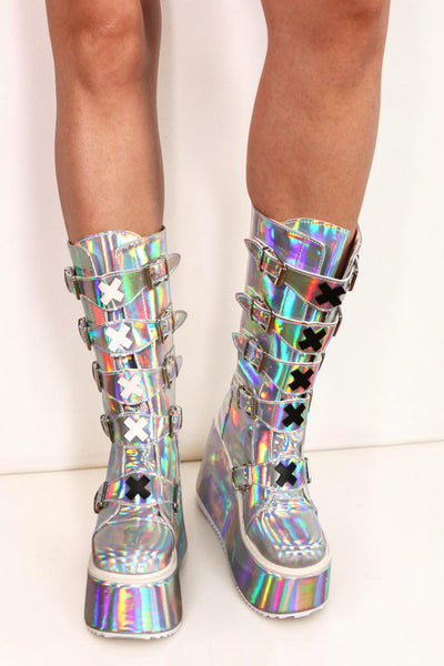 Talia Holographic X-Buckle Platform Festival Boots Boots Iconic Outfitters 