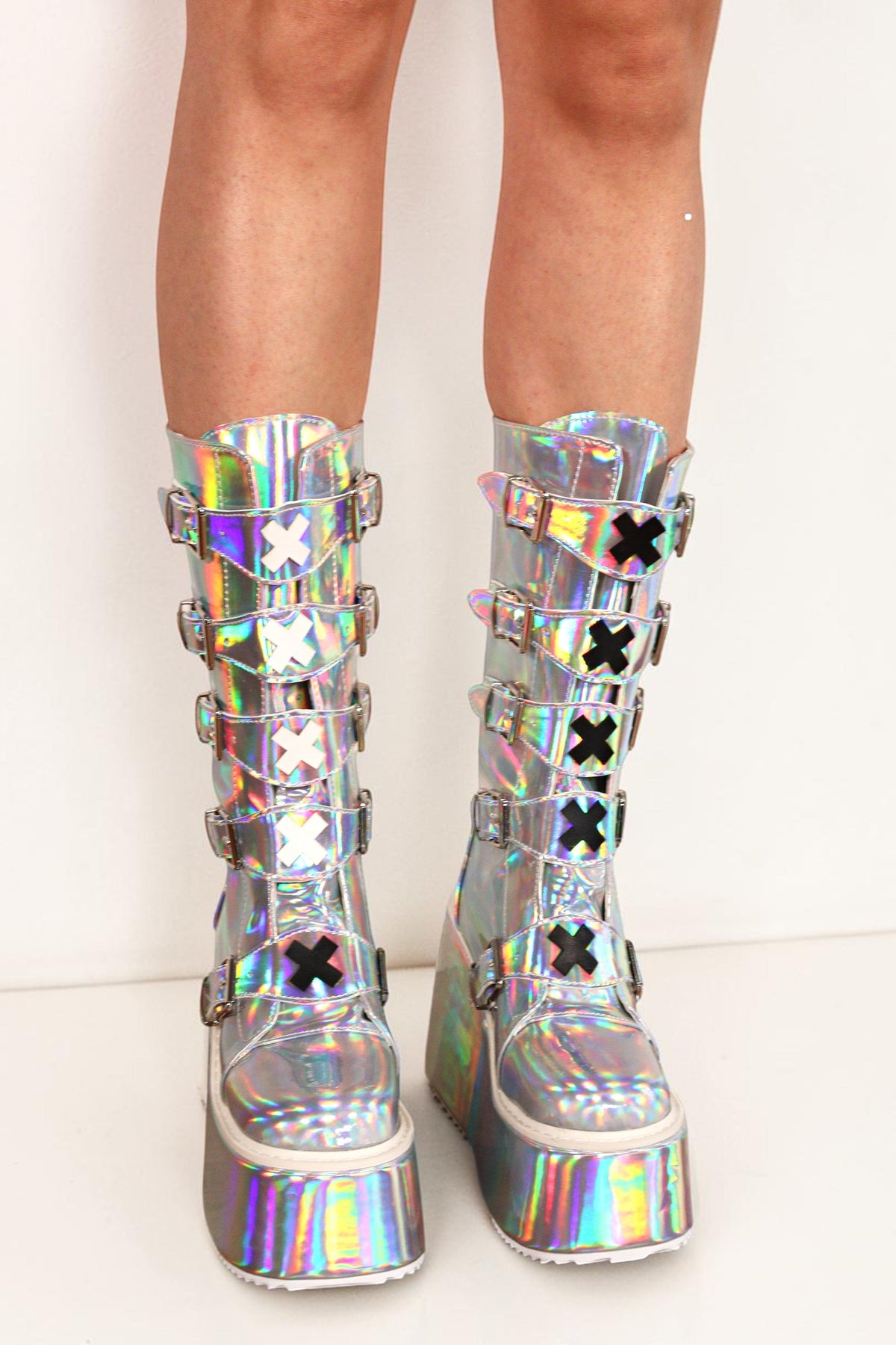 Talia Holographic X-Buckle Platform Festival Boots Boots Iconic Outfitters 