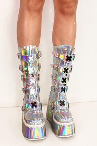 Talia Holographic X-Buckle Platform Festival Boots Boots Iconic Outfitters 