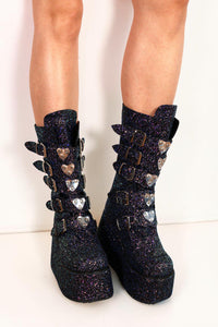 Xalera Black Glitter Heart Platform Festival Boots Boots Iconic Outfitters 