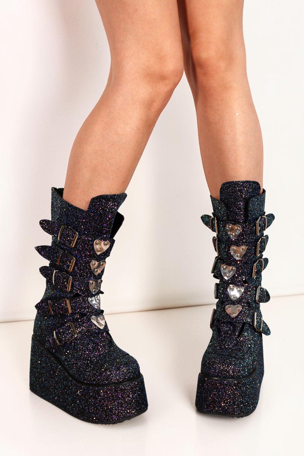 Xalera Black Glitter Heart Platform Festival Boots Boots Iconic Outfitters 