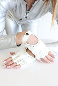 Xyla White Studded Fingerless Gloves Gloves Iconic Outfitters 
