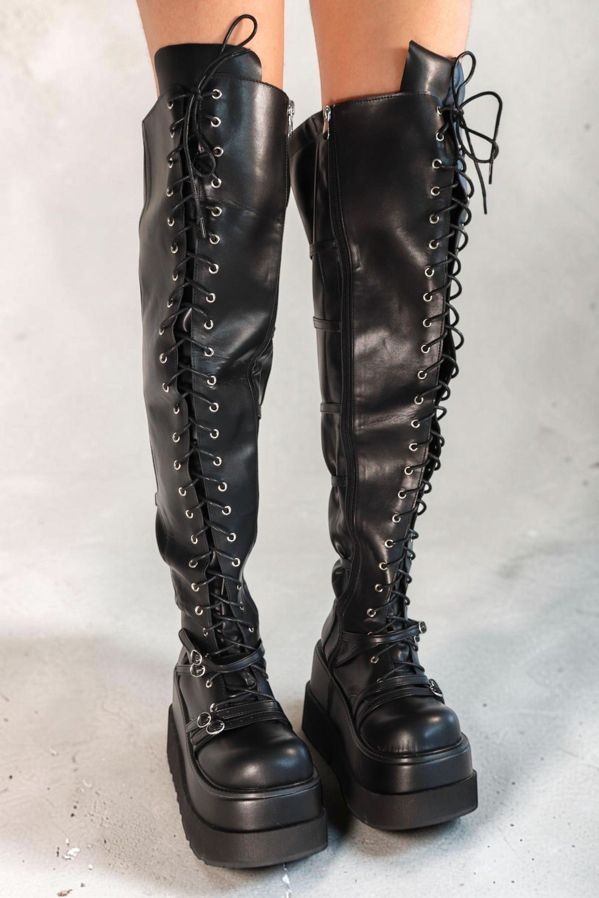 Zeta Black Knee-High Lace-Up Platform Boots Boots Iconic Outfitters 
