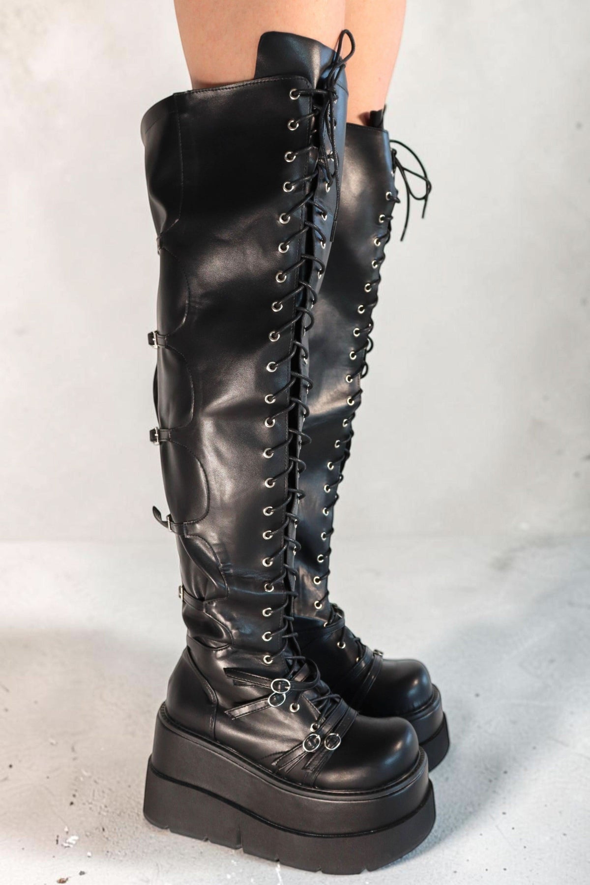 Zeta Black Knee-High Lace-Up Platform Boots Boots Iconic Outfitters 