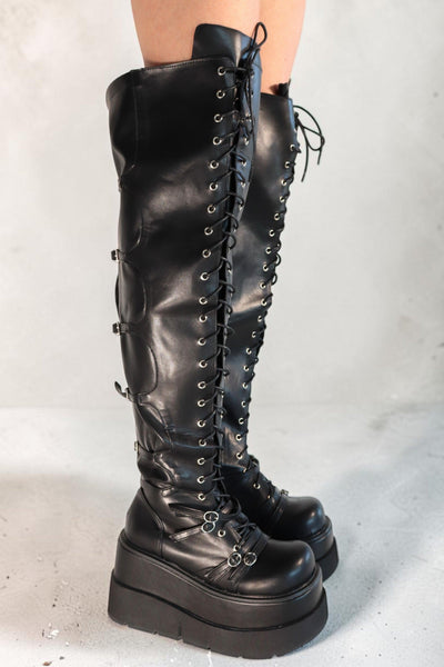 Zeta Black Knee-High Lace-Up Platform Boots Boots Iconic Outfitters 
